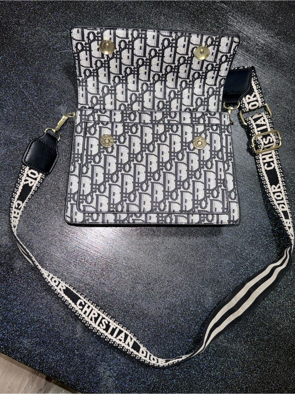 Dior Black and White Logo Jacquard Wallet Crossbody - Picture 5 of 7